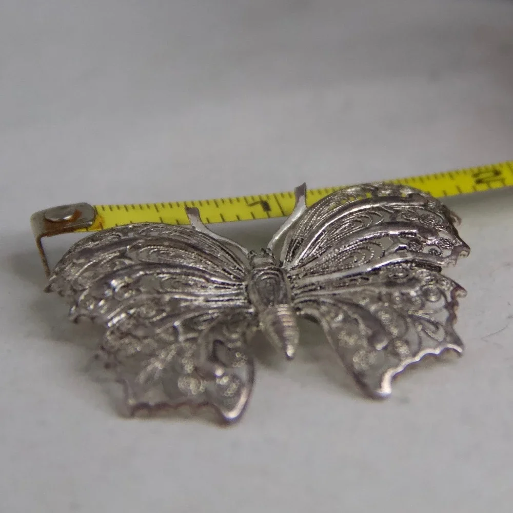 Vintage‎ Sterling Silver Filigree Butterfly Brooch Pin Ornate Openwork Design